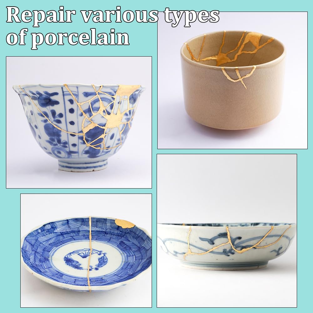 WEBEEDY Kintsugi Kit de reparación de oro, 22 piezas de cerámica japonesa con cerámica práctica y pegamento alimentario para reparar su cerámica rota significativa cristal