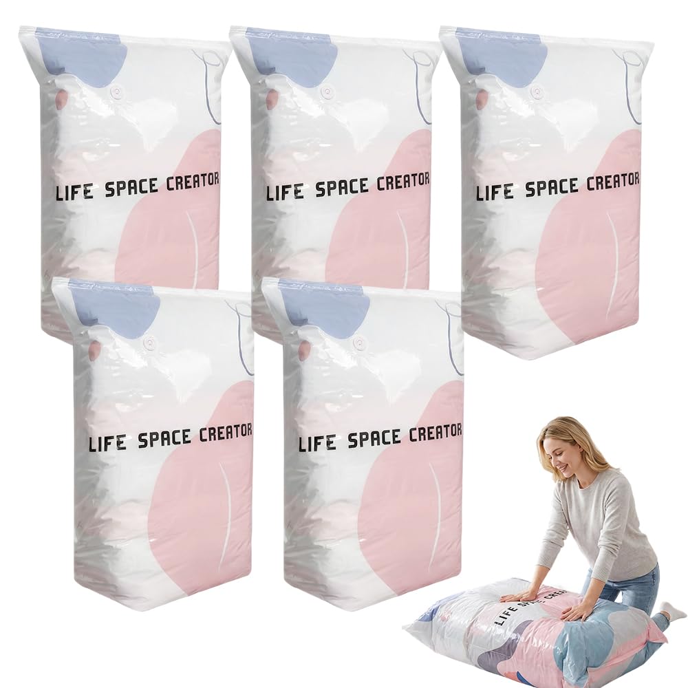 Vacuum Storage Bags Large, No‑Pump Clothes Storage Bags, Vacuum Bags for Clothes Duvet Travel and Home Comforters Blankets Bedding Compression, Space Saver (5 Pcs, 100x80x30cm)