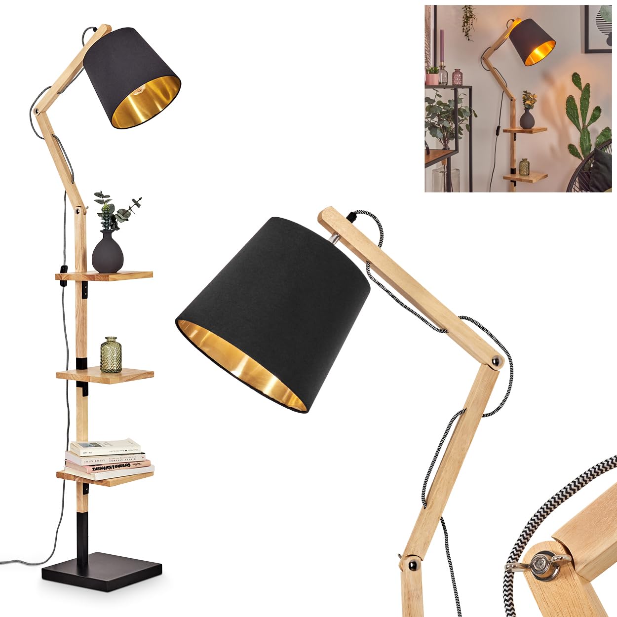 HOFSTEIN Lampa stojąca Tukchor, drewniana / metalowa / naturalna tkanina/czarna/złota, regulowana lampa z półkami i przełącznikami, 152,5 cm, E27, salon, sypialnia, jadalnia
