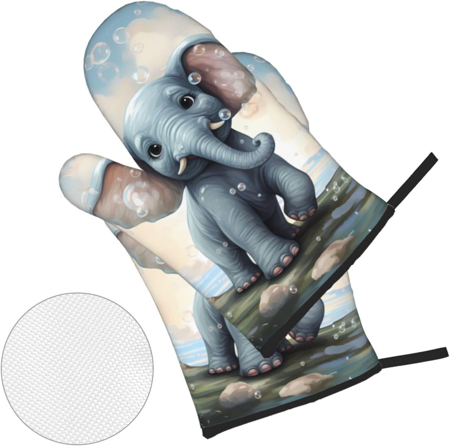 Cute Elephant Play Bubbles Print Oven Mitts and Pot Holders Sets 4pcs High Heat Resistant Kitchen Oven Gloves and Hot Pads Non-Slip Waterproof Potholder for Baking Cooking BBQ