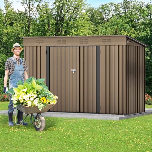 Image of DWVO 9 x 4' Outdoor Storage Shed, Large Metal Tool Sheds, Heavy Duty Storage House with Lockable Doors & Air Vent for Backyard Patio Lawn to Store Bikes, Tools, Lawnmowers, Brown