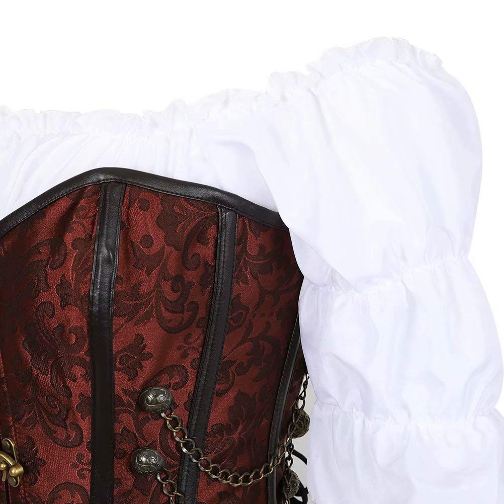 Jutrisujo Corsagenkleid korsett Kleid 3 Teiliges Steampunk Corsage piraten Kostüm mit Corset Dress Spitzenrock und Bluse für Halloween Braun 4XL