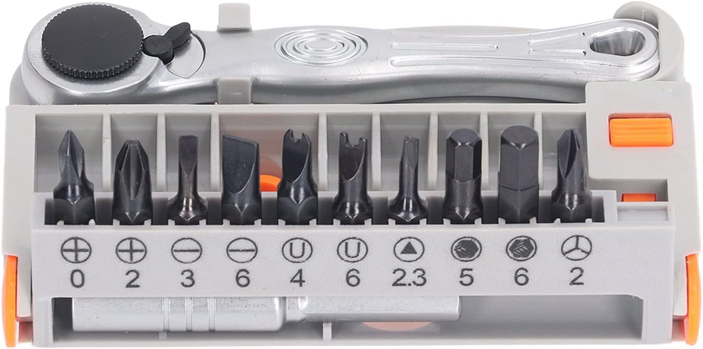 12Pcs Silver Ratchet Wrench Kit with Cross Slot Bit, Automatic Ejection, Chrome Steel, 360° Rotatable Snap Insert Plate, Manual Operation, Excellent for