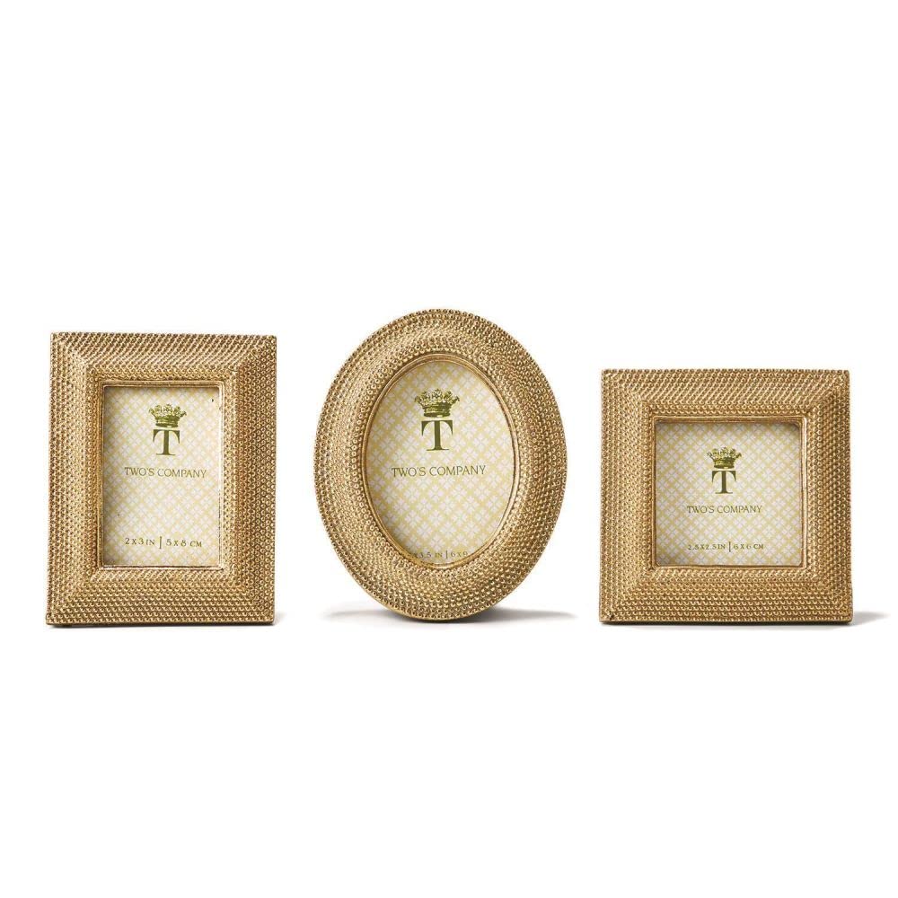 Two's CompanyMini Golden Dots Photo Frames Set - Rectangle, Square & Oval Resin/Glass Frames, Gold Decorative Frames, Luxury Table Decor, Easel Stand Wedding Place Card Holders