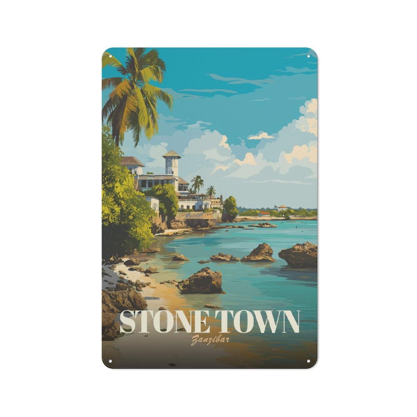 Junmoney Style-3 Garage Style Decorative Metal Plaque 30X20cm Featuring Stone Town Zanzibar Travel, Garage Wall Decor For Garage, Workshop, Shed Or Utility Room