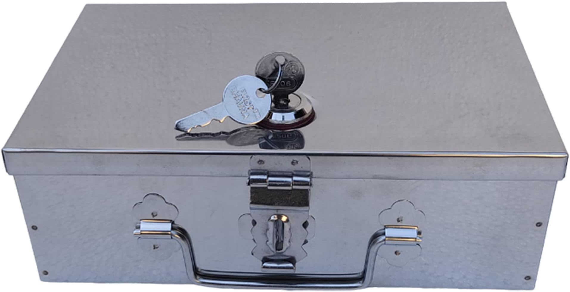 GinoSet® Stainless Steel Cash/Jewellery/Coin Storage Rectangular Silver Boxes with Pre-Fitted Lock (10" X 7" X 3")