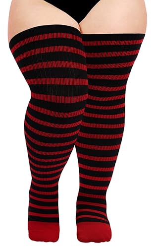 Moon Wood Plus Size Thigh High Socks for Women Knit Cotton Extra Long Striped Over the Knee High Socks Leg Warmers - One Size Plus - Black & Red