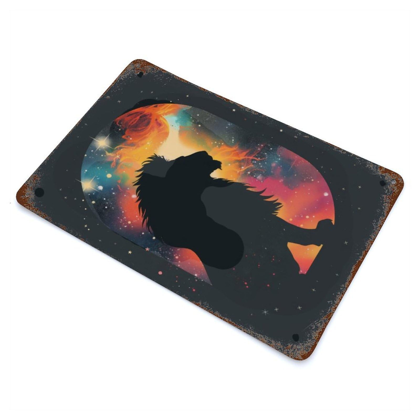 Lion Silhouette Galaxy Rust Effect Tin Sign 11.8"x7.9", Novelty Wall Decor for Garage, Pub Or Kitchen