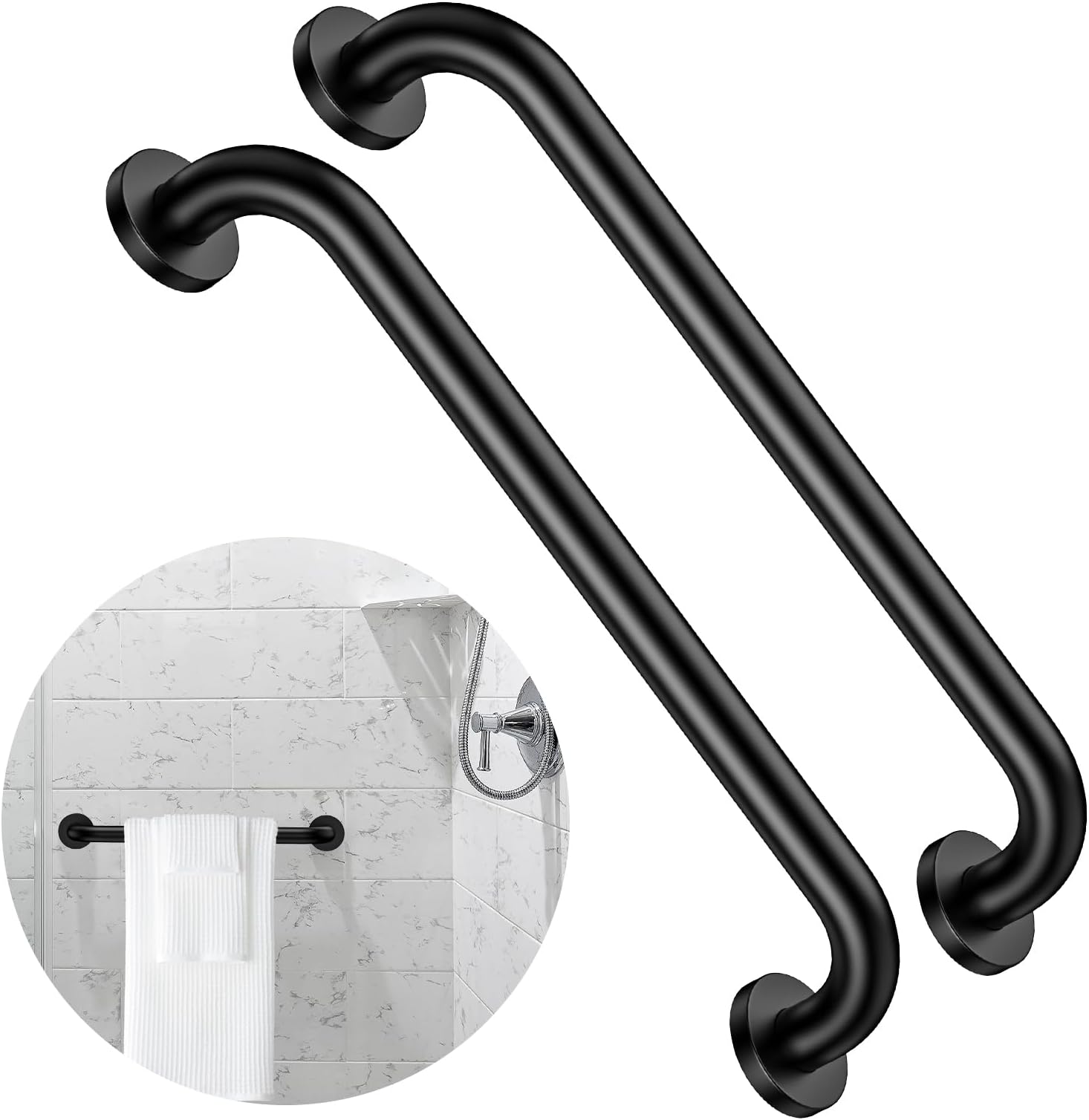 2 Pack 16 Inch Matte Black Shower Grab Bar,ZUEXT Stainless Steel Wall Mount Safety Grab Bar Handle,Bathroom Balance Bar, Safety Hand Rail Support - Handicap, Elderly, Injury, Senior Assist Bath Handle