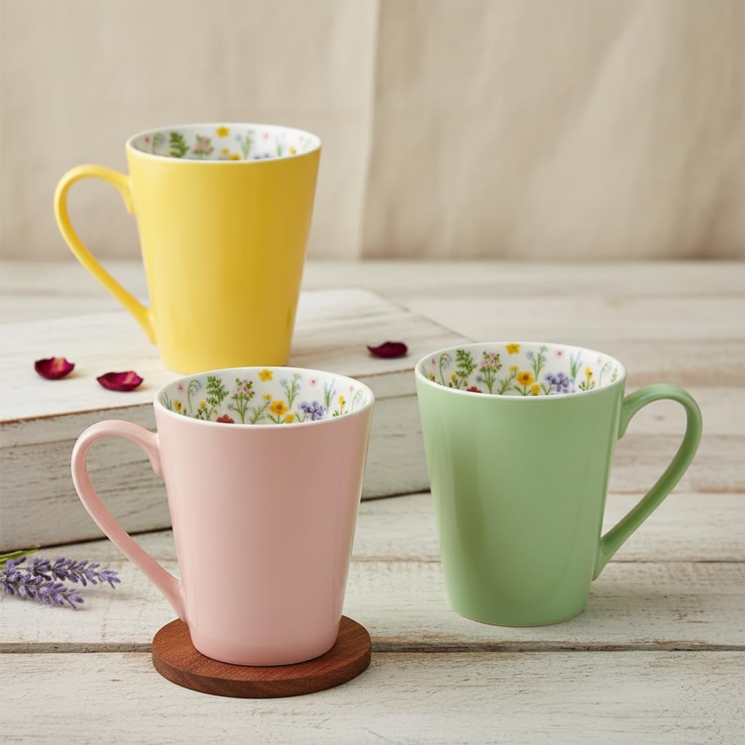 Juego de 3 tazas de café de porcelana, color pastel, interior con estampado de flores, rosa, amarillo, verde, idea de regalo de Pascua, 13 x 12 x 9 cm, 380 ml (3, rosa, amarillo y verde, juego de 3