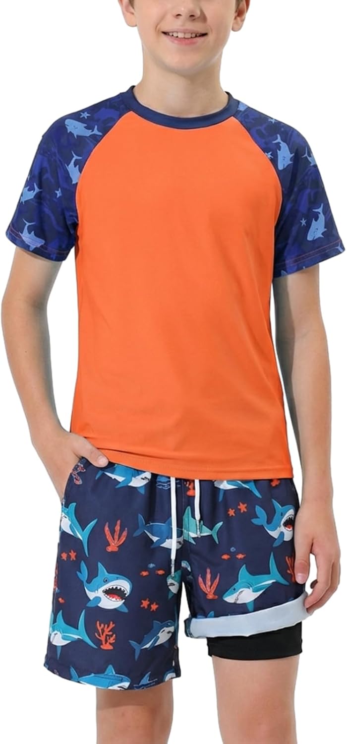WISREMT Boys Swimsuit Rash Guard Kids 2 Piece Bathing Suit UPF 50+ Short Sleeve Swim Shirt & Trunks with Compression Liner