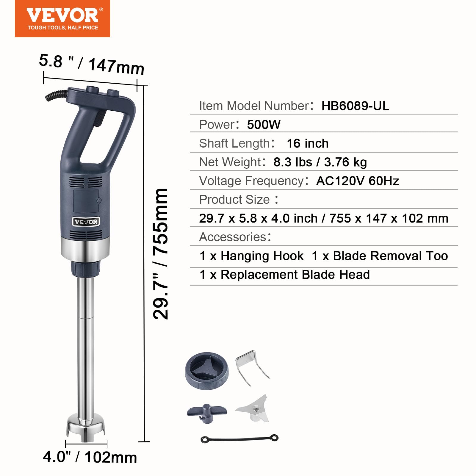VEVOR Frullatore a Immersione Commerciale 500 W Frullatore a Immersione per Impieghi Gravosi 406,4 mm con Lama in Acciaio Inossidabile, Frullatore Portatile Multiuso per Zuppe, Salse, Purè di Patate