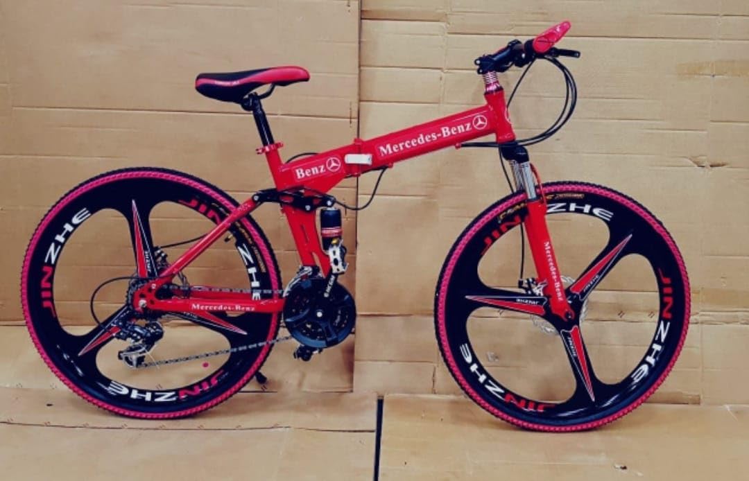 Sunspeed BMV X6 Foldable Cruiser Bicycle | 26-Inch Red & Black Bike with 21-Speed Gears, Dual Disc Brakes, Hydraulic Suspension, and Strong Carbon Steel Frame | Great for Off-Road Adventures, Unisex