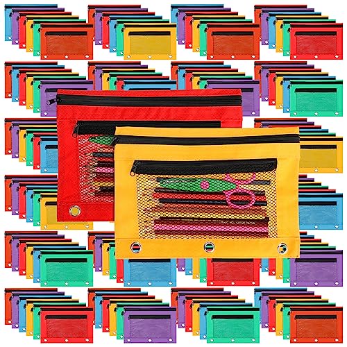 Zhehao 200 Pcs Pencil Pouches for 3 Ring Binder, Bulk Zipper Pencil Pouch Pen Case with Mesh Window Cloth Double Pocket 3 Hole Bag for Storing School Office Supplies(Multicolor)