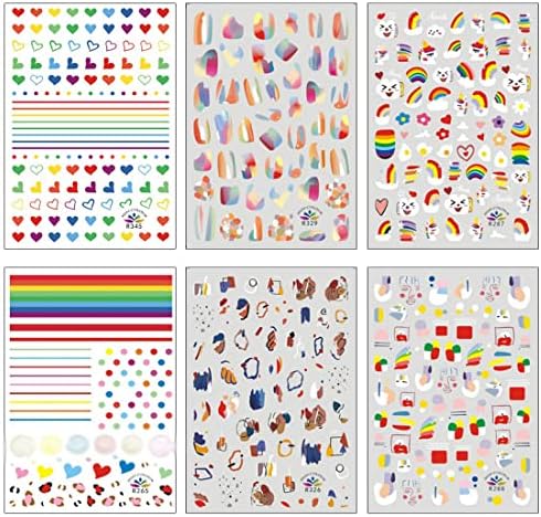 Rainbow Nail Art Stickers 3D Self Adhesive 6 Sheets Nail Art Decals for Nail Designs Women Beauty Nail Charms Accessories Nail Art Supplies Manicure Tips Summer Cute Nail Art Decoration Kits