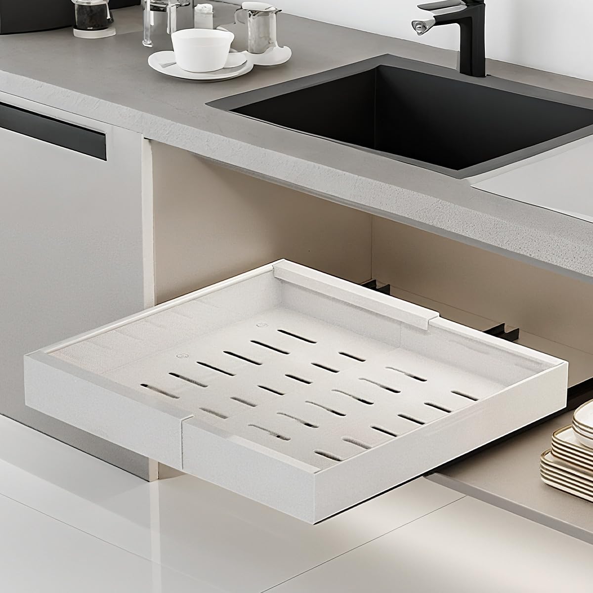 Tiroir Telescopique Cuisine, Lot de 2 Organisateurs De Placard Extensibles avec Adhésif, Tiroirs Coulissants Rangement Cuisine, Largeur Réglable de 32 à 53 cm, Tiroir Coulissant Placard, Blanc