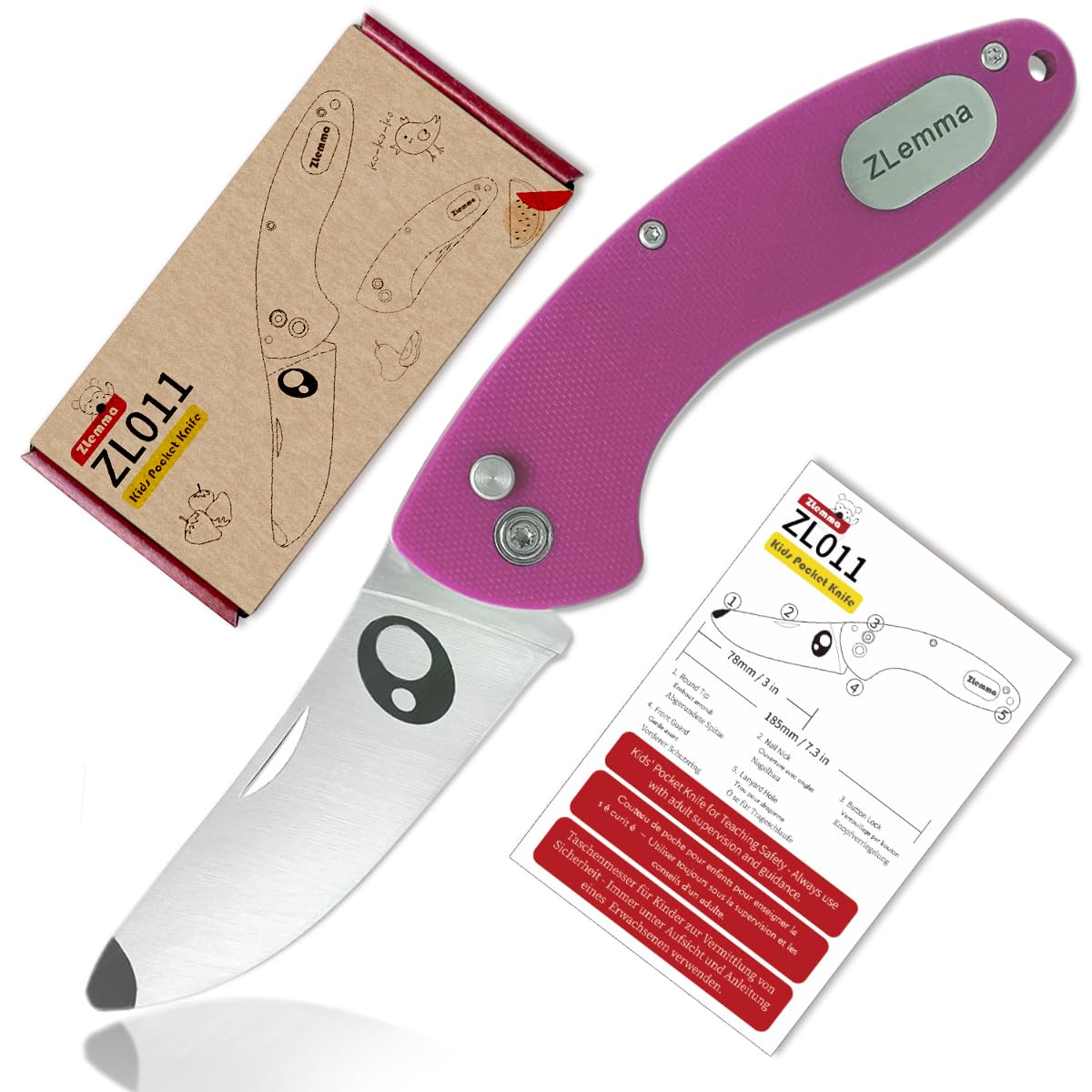ZLemma schnitzmesser kinder mit Clip und sicher abgerundeter Spitze für den ersten Jungen-Messer, faltbare Anfängermesser für Kleinkinder, strapazierfähigem G10-Griff (Rosa)