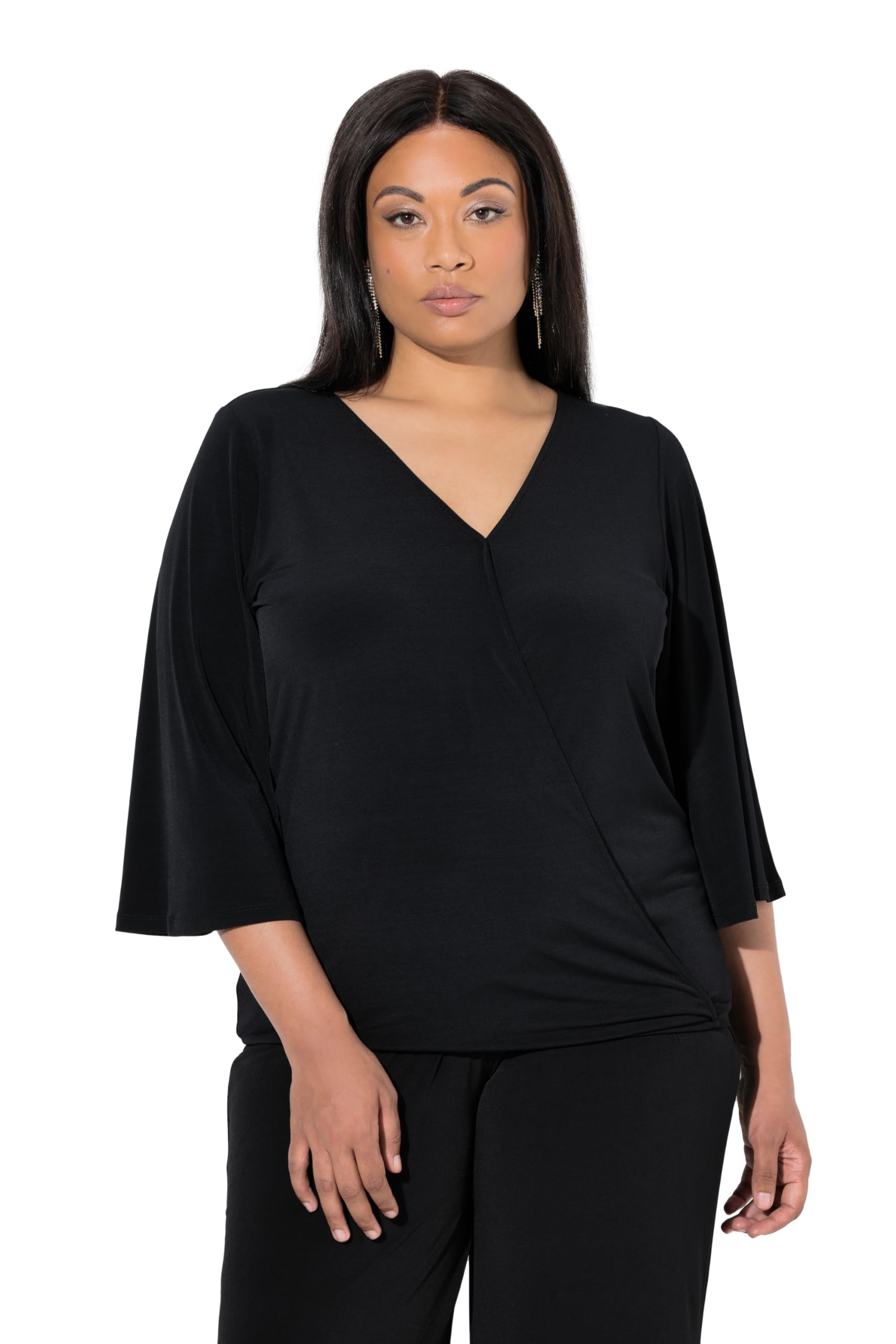 Ulla Popken Damen große Größen Übergrößen Plus Size Shirt, Wickeloptik, V-Ausschnitt, 3/4-Glockenärmel 847410