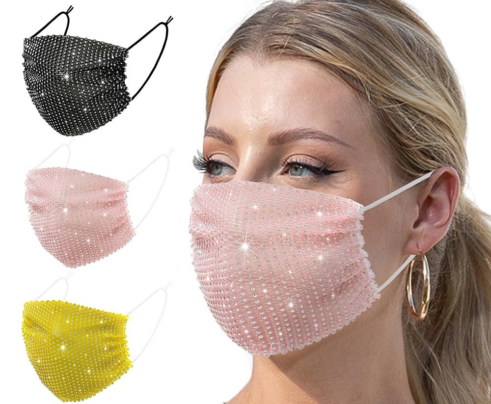 Auriviz 3 Pcs Multi Color Sparkly Rhinestone Sequin Bling Mask Custom Masquerade Face Mask Women and Young Girls Halloween Christmas Birthday Party Night Decorations Gift Decor Face Cover Female