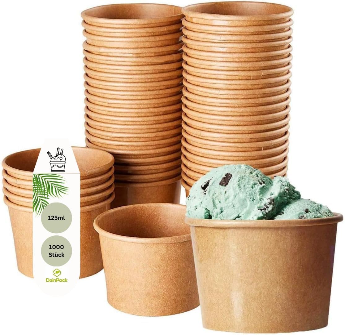 1000 Eisbecher 125 ml | Umweltfreundliche Universal Karton für EIS, Dessert, Fingerfood, Vorspeisen, Snacks I Speisebecher braun unbedruckt rund