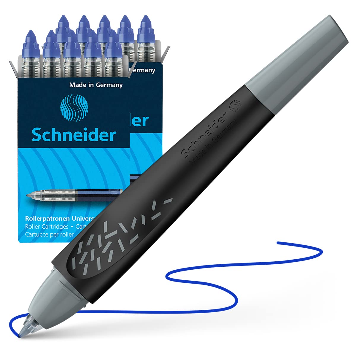 Schneider Breeze Tintenroller Schwarz-Grau + 10 Patronen (Aus recyceltem Kunststoff, ausgezeichnet mit Der blaue Engel, Schreibfarbe: königsblau, löschbar)