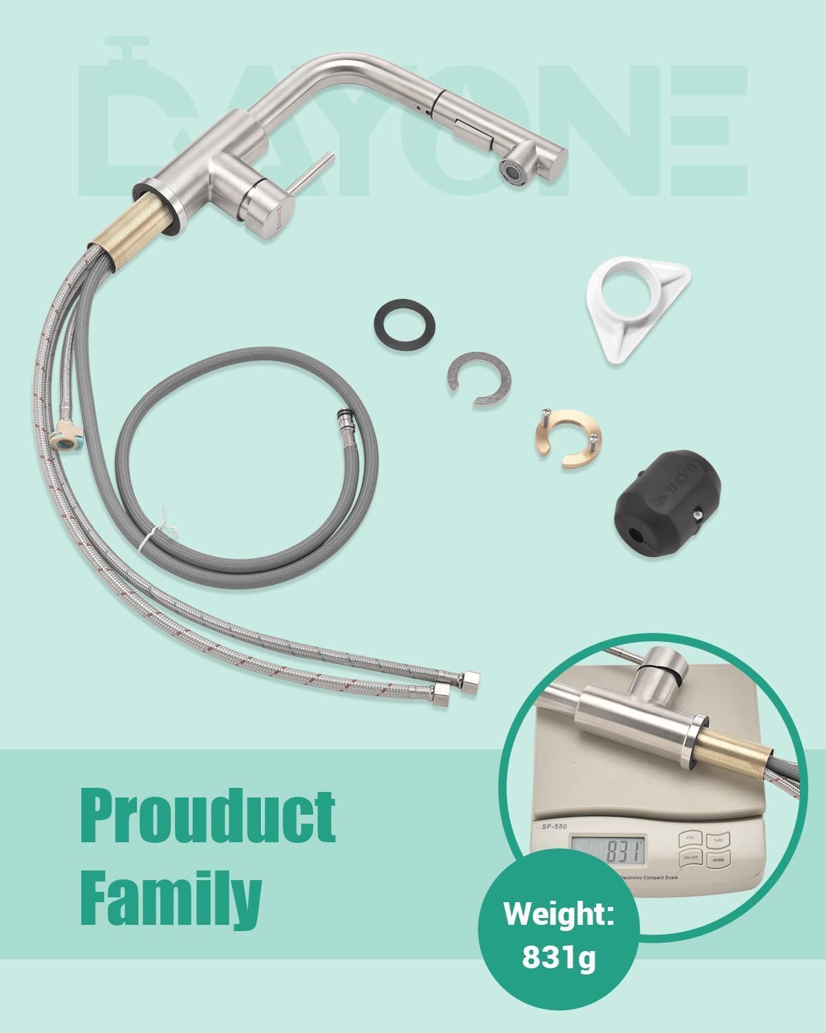 DAYONE Küchenarmatur mit Herausziehbarem Spray, SUS304 Edelstahl Hochdruck Wasserhahn Küche Ausziehbare Brause, Mischbatterie Küche mit 2 Funktionen, 360° schwenkbare Spültischarmatur Küche, Gebürstet