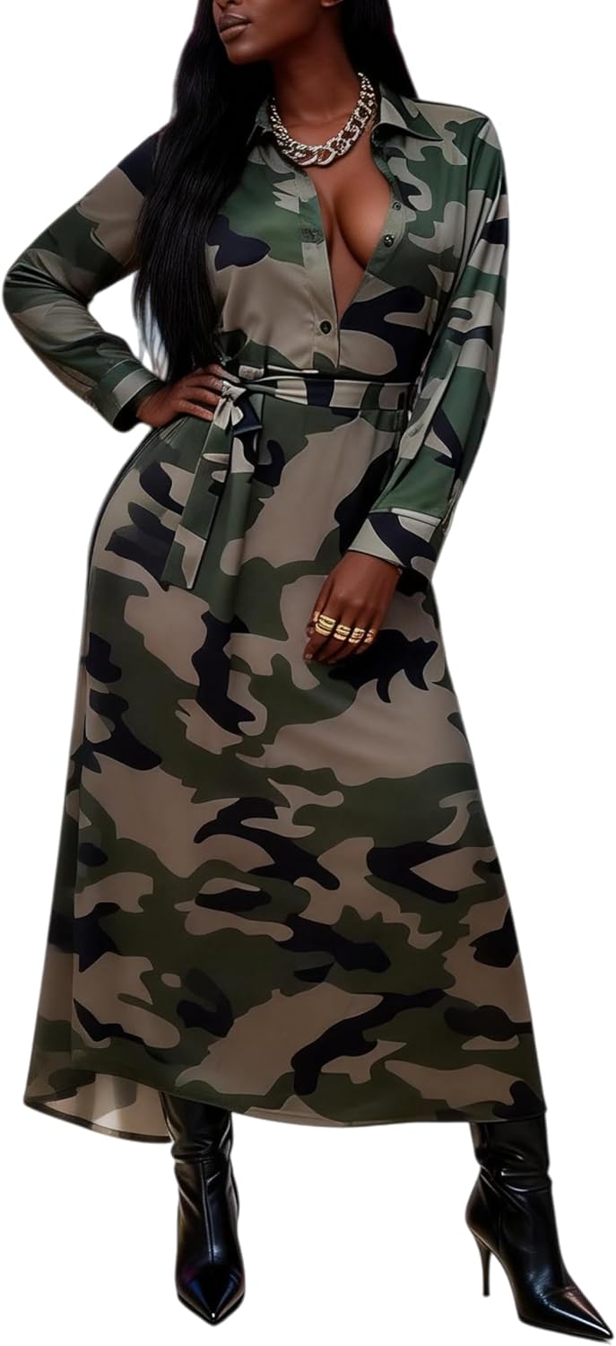 LROSEY Women's Casual Button Down Short Sleeve Maxi Dress African Floral Camo A Line Long Dresses with Belt
