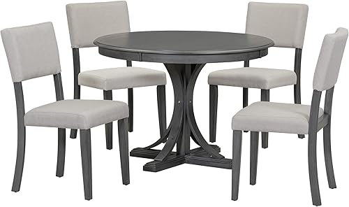 Miniatura 2 de LUMISOL Juego de mesa de comedor redonda de 5 piezas para 4, mesa de comedor de granja con 4 sillas tapizadas, patas de mesa curvadas estilo