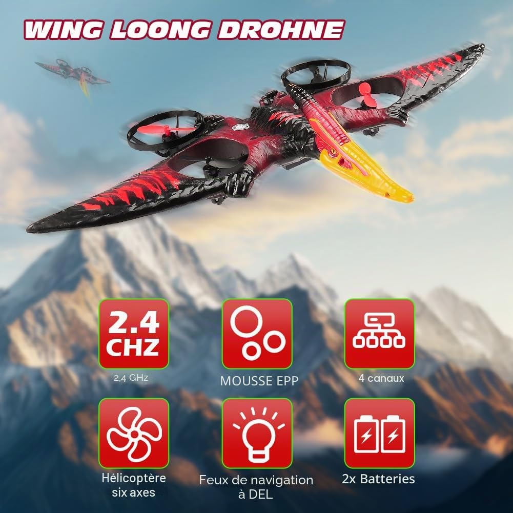 Drone dinosaure Ptérodactyle pour enfants, facile à piloter, dragon, avion télécommandé, jouet volant, cadeau d'anniversaire pour garçons, loisirs, avion télécommandé (rouge)