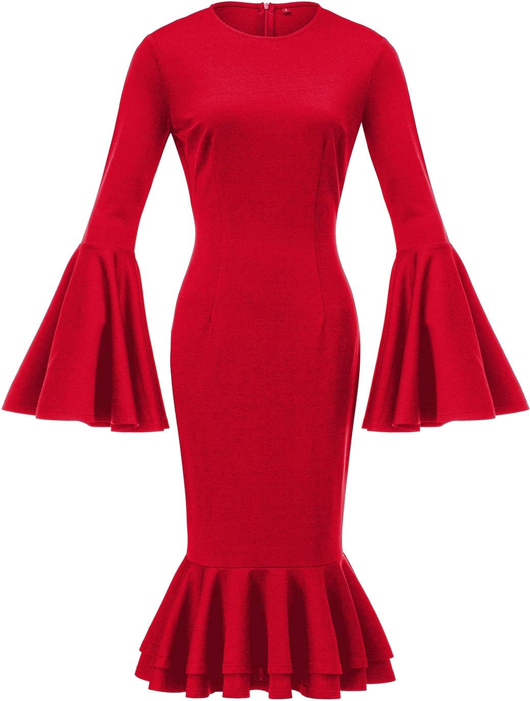 Women's Bell Sleeve Fishtail Dresses Bodycon Cocktail Party Pencil Dress