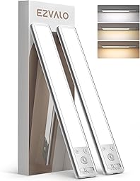 EZVALO Under Cabinet Kitchen Lights, 3 Color Dimmable 62 LED Motion Sensor Lights Indoor, 1600mAh Rechargeable LED Lights for Cupboard, Kitchen (20.5cm, 2 Pack)