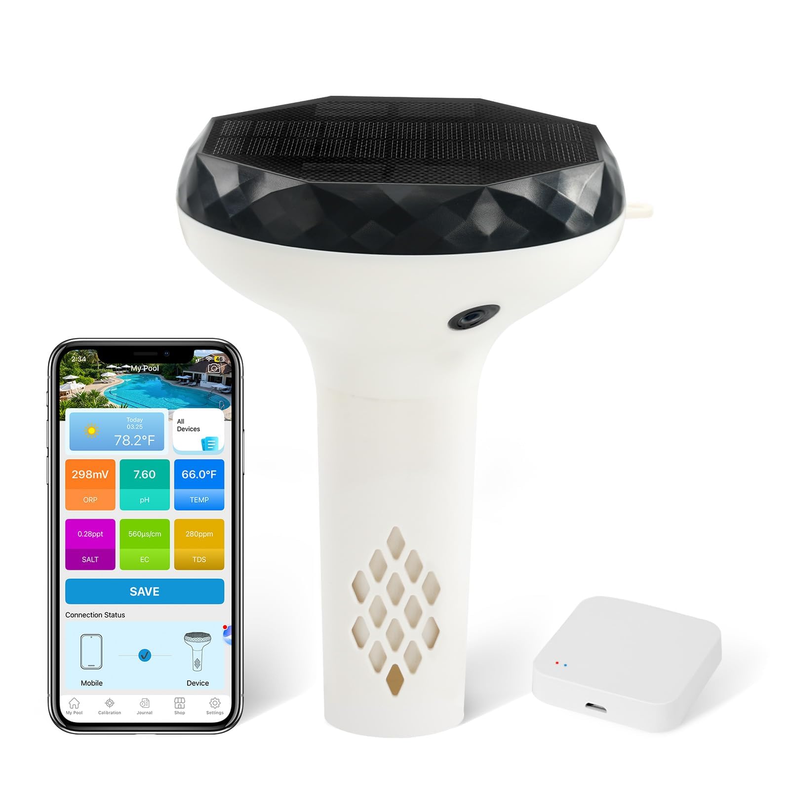 Testeur Solaire Intelligent pour Piscine - WiFi 6 en 1 - Testeur de pH EC ORP TDS - Sel et température - Testeur Flottant pour Piscine, Jacuzzi et Spa - Surveillance Via Application