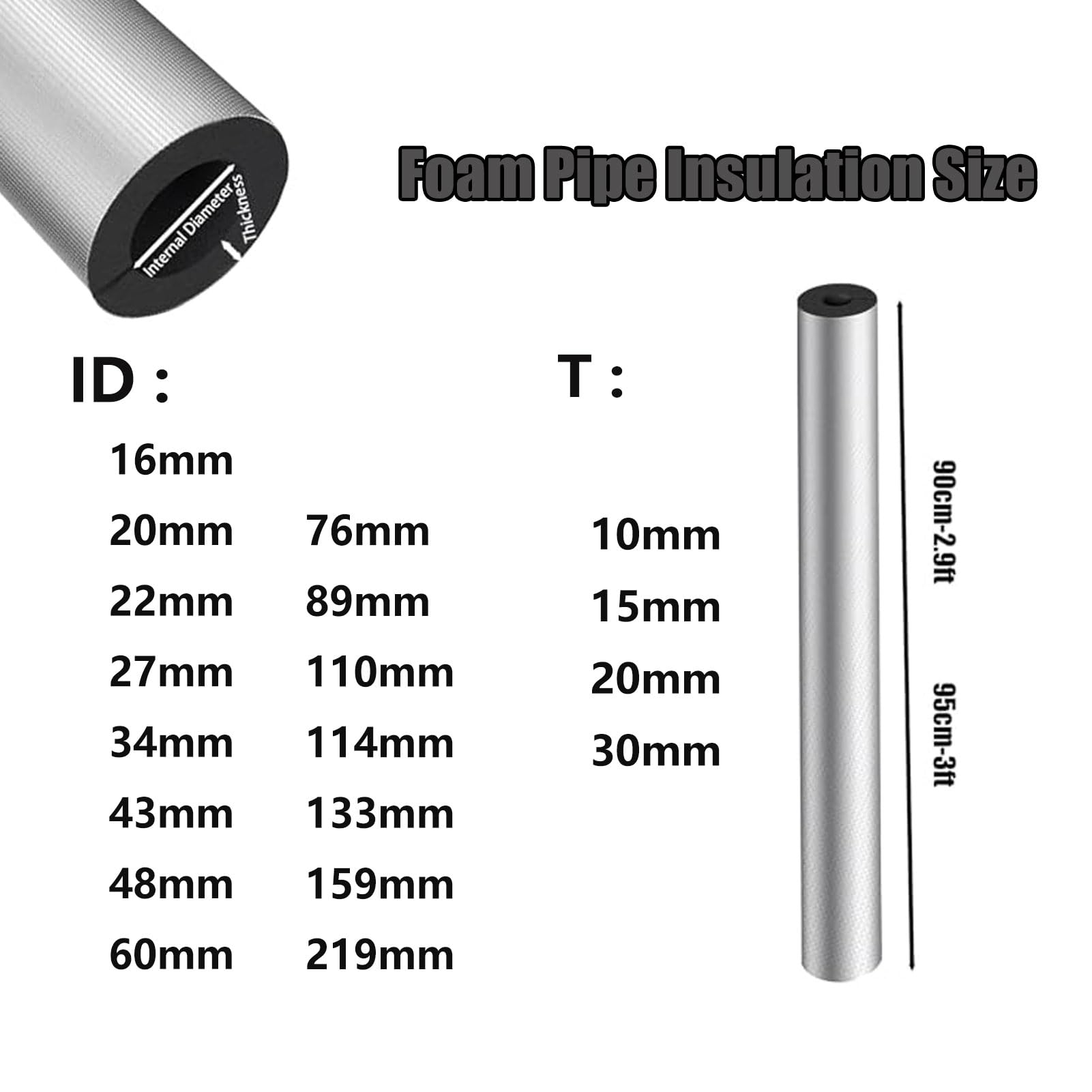 Aislamiento de Tuberías para Exteriores, Aislante Espuma Tubo Aire Acondicionado, Papel de Aluminio Coquilla Aislante para Tubos de Agua y Calefacción (ID) 219mm x (T) 30mm x (L) 0.95m
