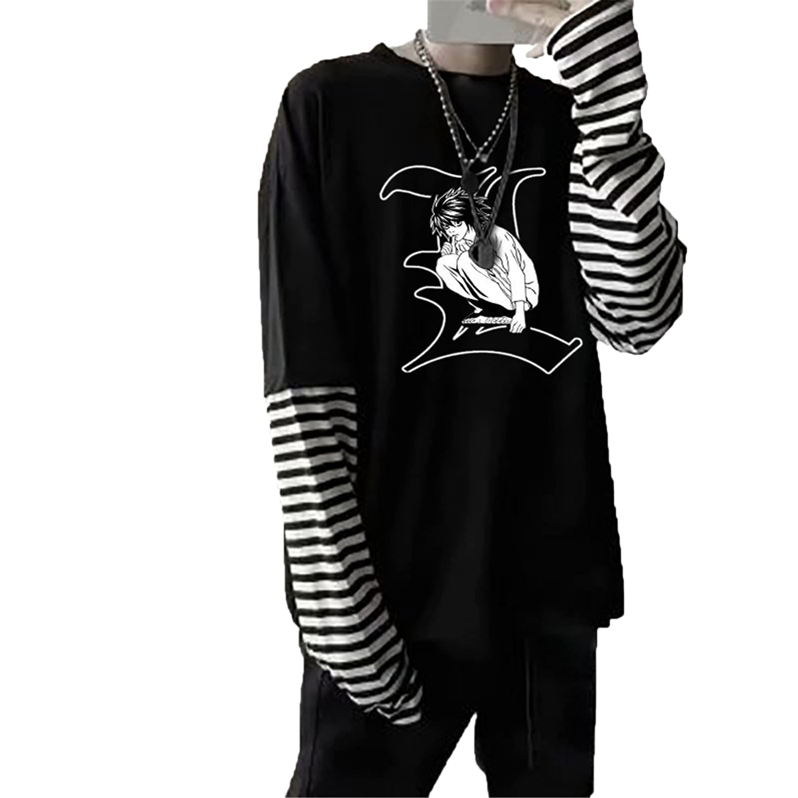oneforus Japanese Anime Death Note L·Lawliet Printed Long Sleeve T-Shirt Round Neck Tops for Unisex