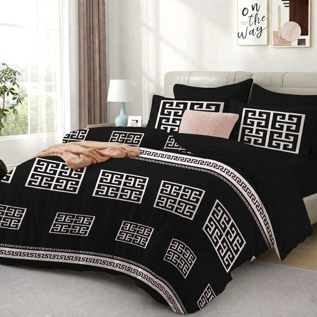 Opulent Living Luxury Royal Blue Geometric Bedding Set – Greek Key Pattern Duvet Cover Set with Pillowcases, Soft Microfiber Comforter Cover, (Black, Single)