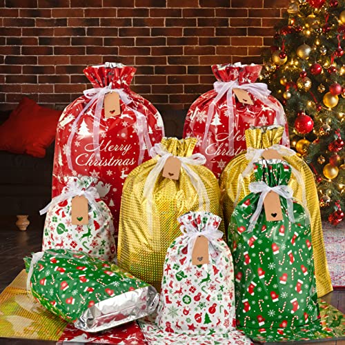 Asoulin Christmas Drawstring Gift Bags With Tags - 32 Pcs Stand Up Easter Gift Bags Assorted Sizes Large Medium Small Foil Gift Wrapping For Birthday, Goodies, Xmas Holiday Party Decoration Supplies #TOP5