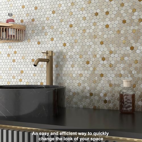VAOVI 3d Wandfliesen Mosaik Selbstklebende,Küchenfliesen Aufkleber Badezimmer Wanddekoration Klein Steinoptik Texturiert Matte Sechsecke(Champagner Gold,10 Stück)