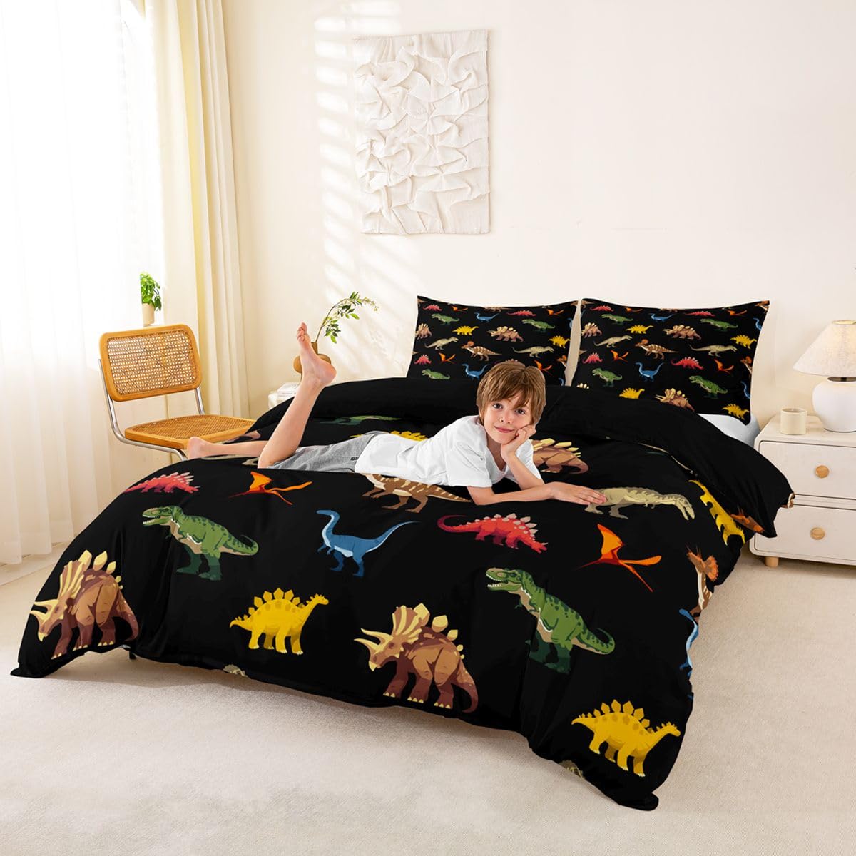 Homewish Czarny dinozaur poszewka na kołdrę super king kolorowy dinozaur zestaw pościeli śliczne śmieszne zwierzęta kreskówka poszewka na kołdrę safari dzika przyroda zestawy łóżek
