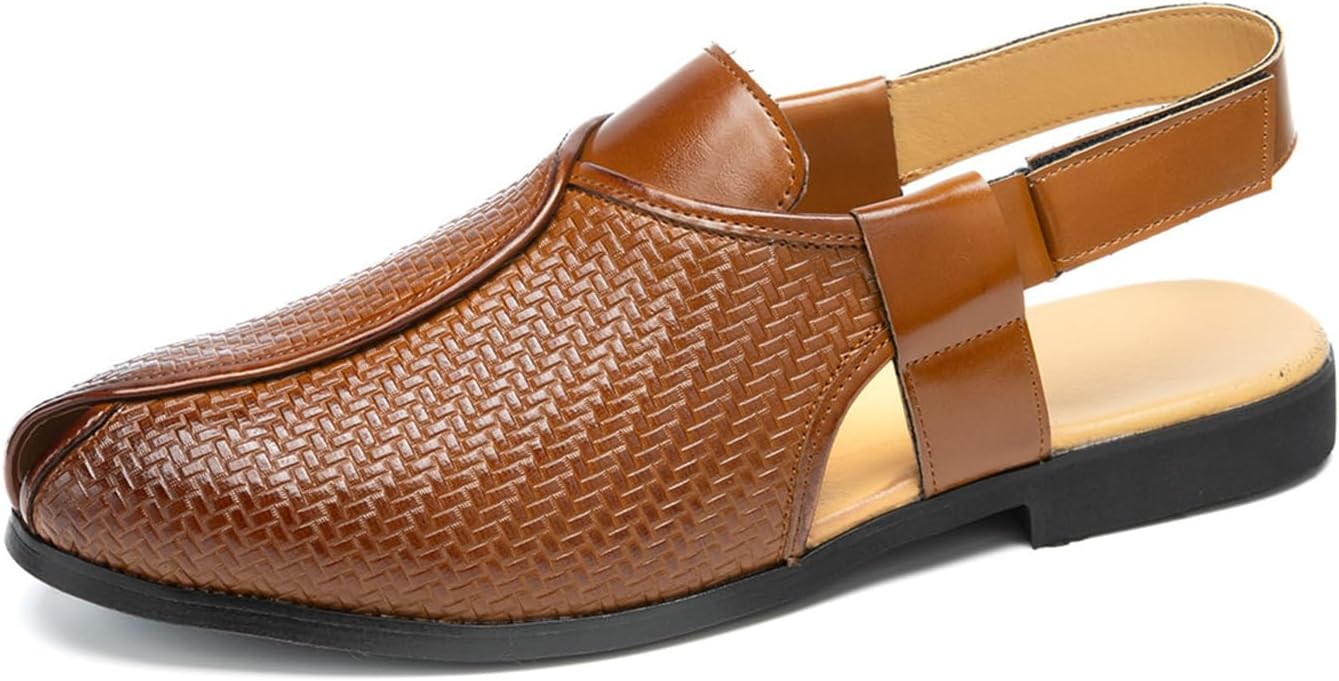 Men's Woven Leather Close-Toe Sandals with Adjustable Ankle Strap Breathable Lightweight Summer Arch Support Slip-On Flats Casual Dress Beach Walking Office Formal Work Shoes