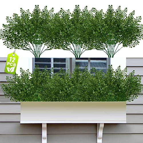 Jiftok 12 Pcs Outdoor Artificial Plants Uv Resistant, Fake Outdoor Plants Faux Boxwood Plants Greenery Stems, Artificial Plastic Shrubs Bushes For Outdoors Home Decor Indoor Porch Garden Planter #TOP26