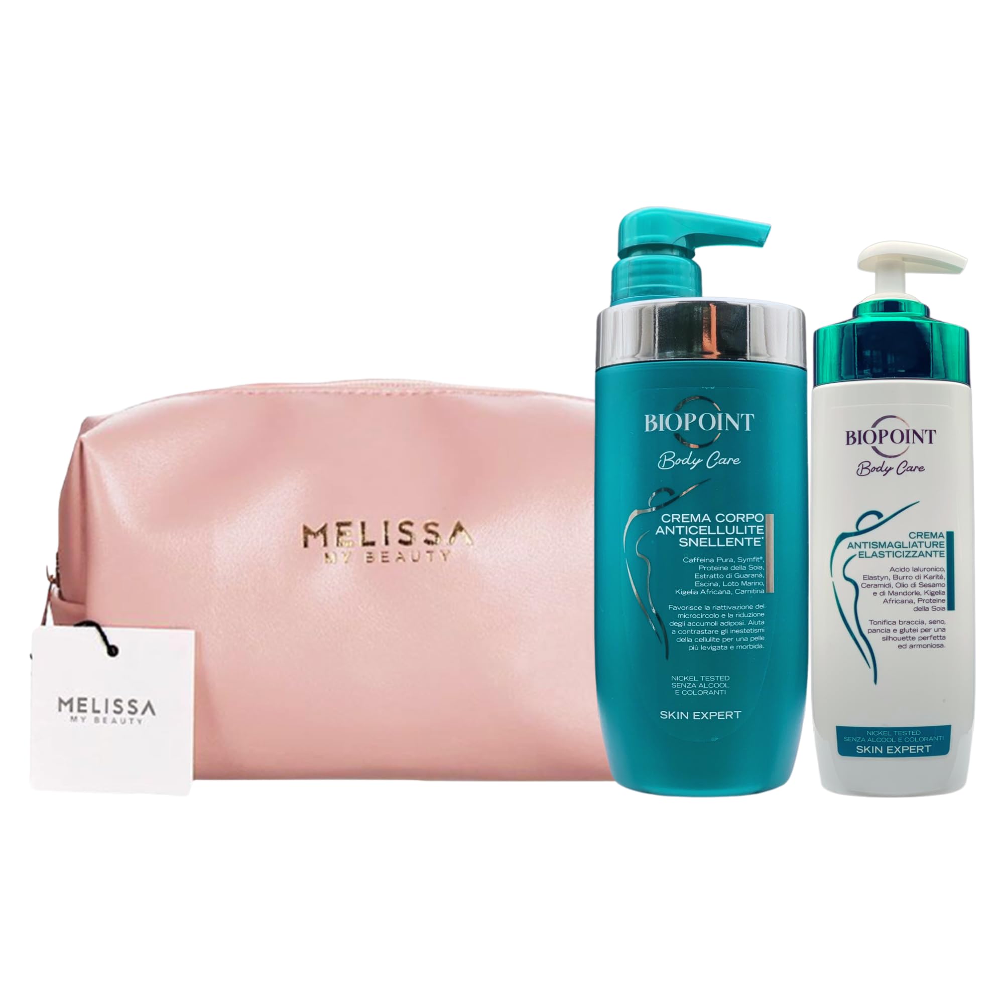 BIOPOINT BODY CARE set trattamenti corpo, crema anticellulite 500ml, crema Anti Smagliature Elasticizzante 200ml - pochette beauty melissa.