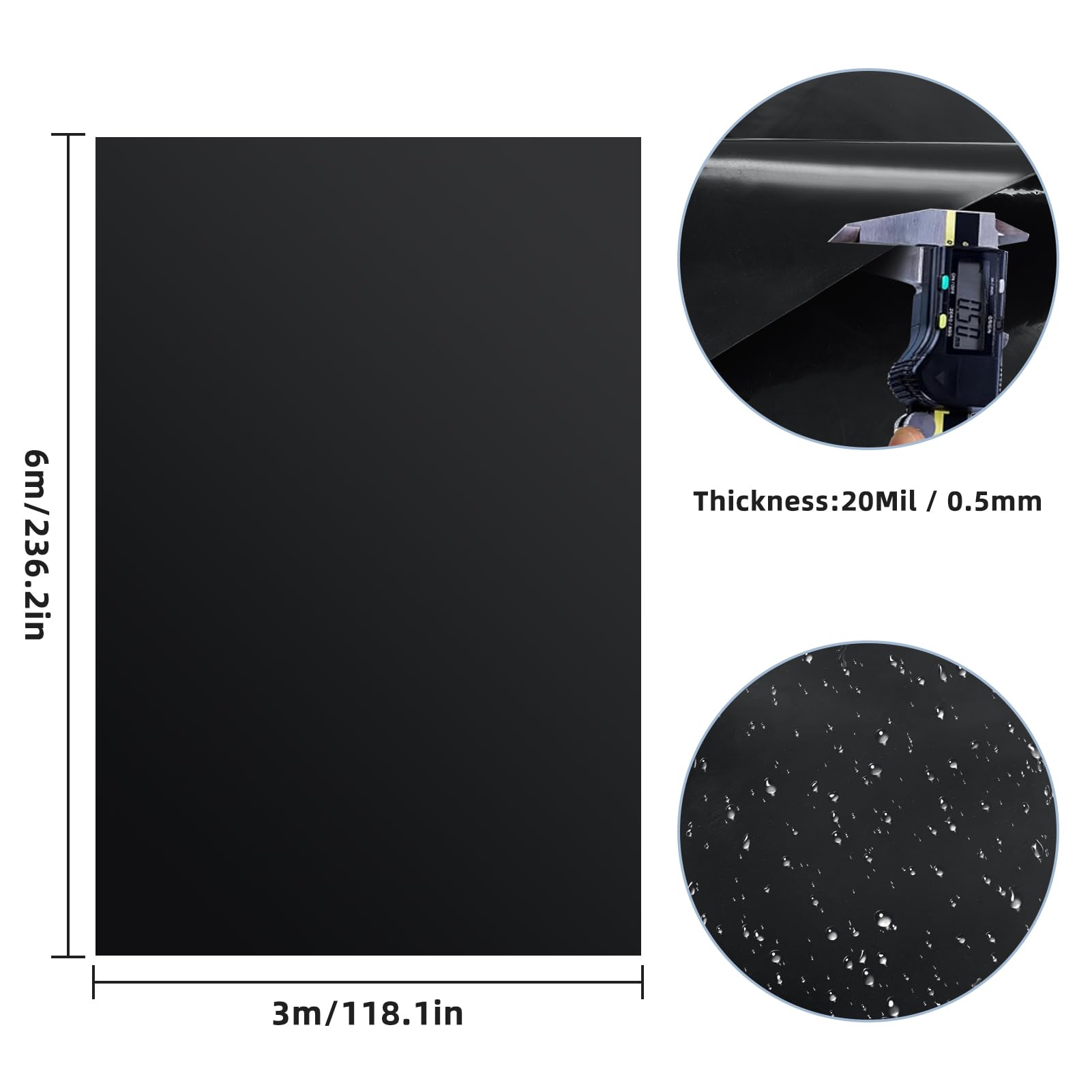 Lona para estanque, 3x6m, bandeja para estanque de 0.5mm de espesor, HDPE negro de alta resistencia, película de sellado, membrana para estanque flotante, película para estanques de peces/fuentes