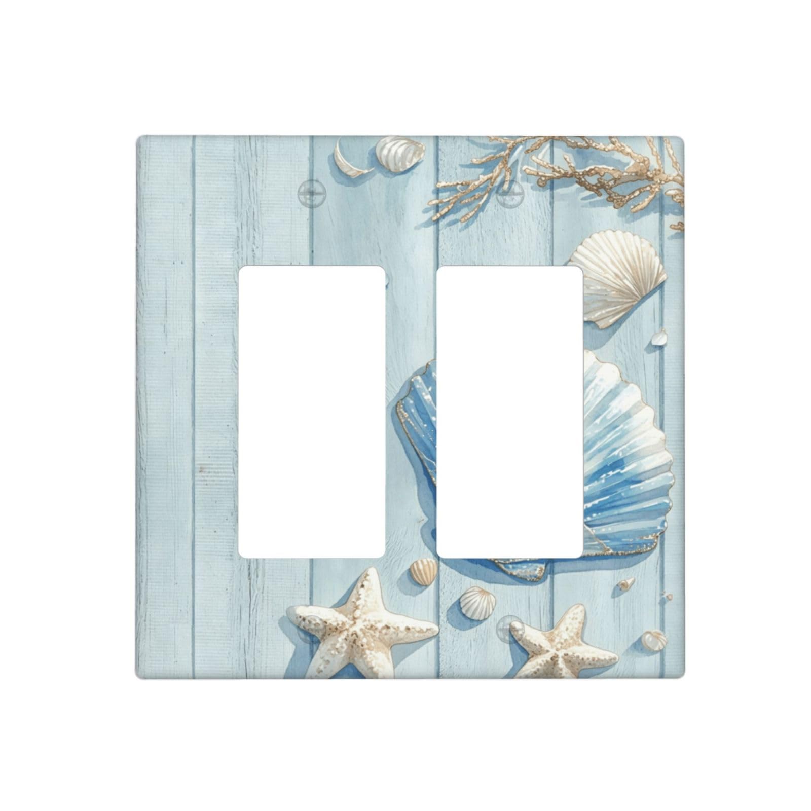 Dwbguo Decorative Outlet Covers Coastal Seashell Starfish 2 Gang Wall Plate Double Rocker Nautical Watercolor Blue Wood Beach Light Switch Cover Double Switch Plate Cover for Bathroom Home Decor