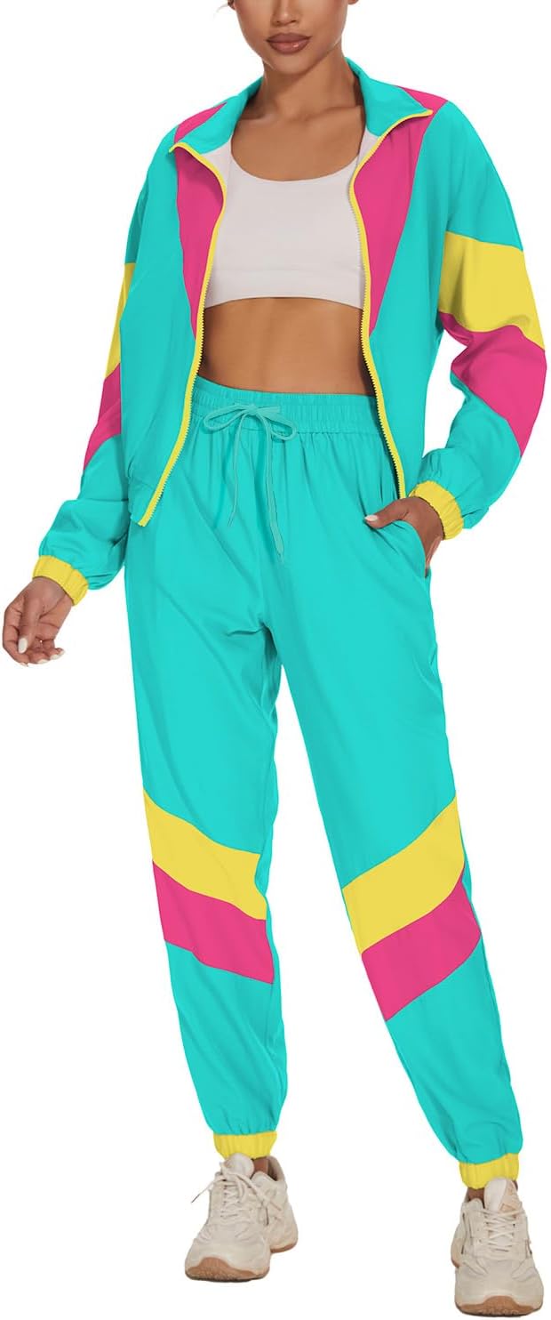 UOUA Women's Color Block 2 Piece 80s 90s Outfits Long Sleeve Windbreaker Jacket Tracksuit Set