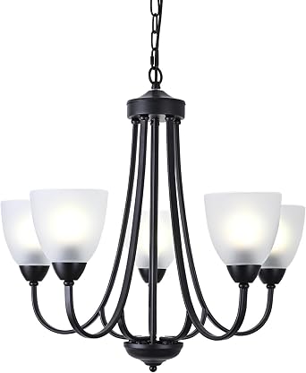 BOZO 5-Light Modern Chandelier with Frosted Glass Shades, Matte Black Finish, Rustic Ceiling Light Fixture, Mid Century Pendant Lighting for Dining Room, Kitchen, Foyer, Bedroom, Living Room