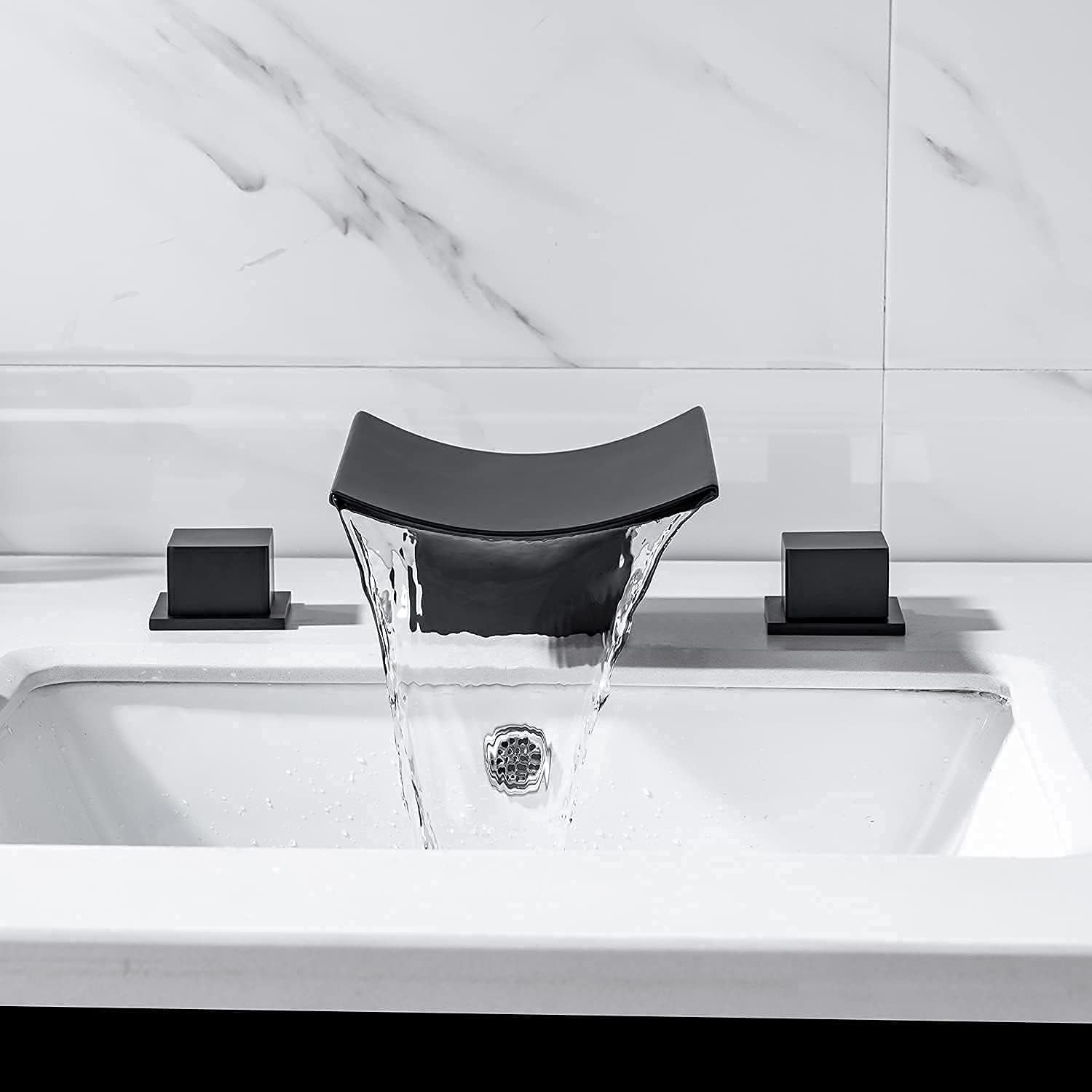 Waterfall Bathroom Faucets, Modern Bathroom Sink Faucet 3 Holes Widespread Dual Handle Brass Basin Mixer Taps with Supply Hoses, Matte Black Vanity Sink Faucet