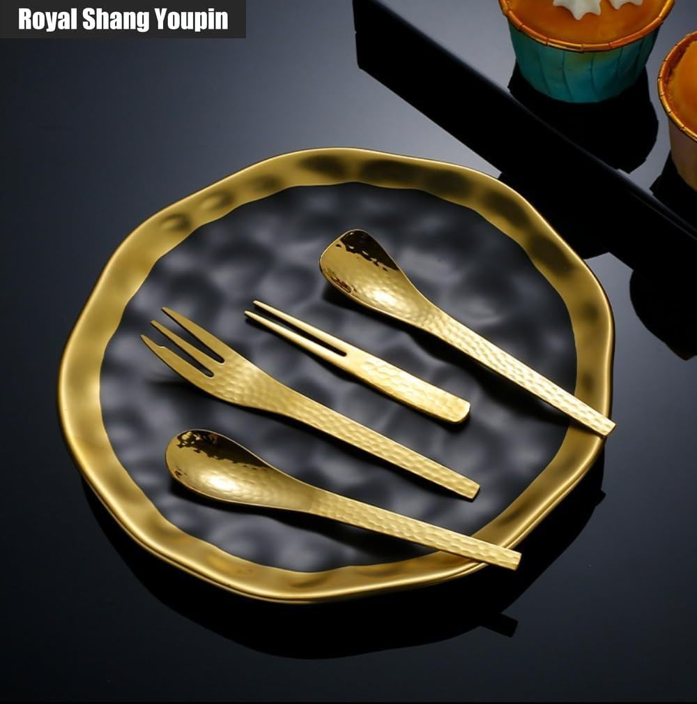 304 Stainless Steel Fruit Fork Set with Two Teeth for Household Fruit Cake Dessert Fork Dim Sum Coffee Spoon Small Fork (Gold,16 pieces)