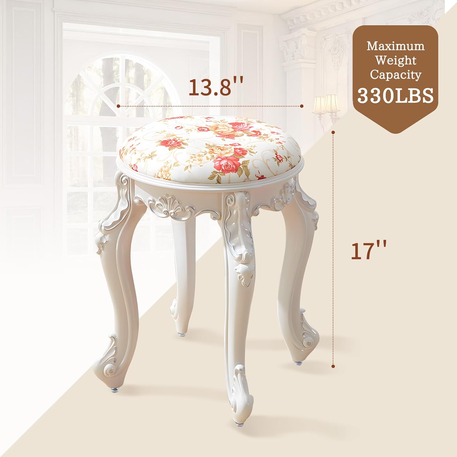 Vintage Vanity Victorian Chair, Round Leather Ottoman with Velvet Seat, Makeup Stool Cute Vanity Chair Bathroom Stool Chair, Sitting Height 17Inch, Capacity 280Lb,A