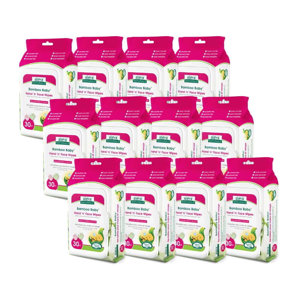 Aleva NaturalsBamboo Baby Hand and Face Wipes, Natural and Organic Ingredients, Cleans and Moisturizes, Extra Strong, and Ultra Soft, Mega Pack - 30 count X 12 = 360 Wipes Total