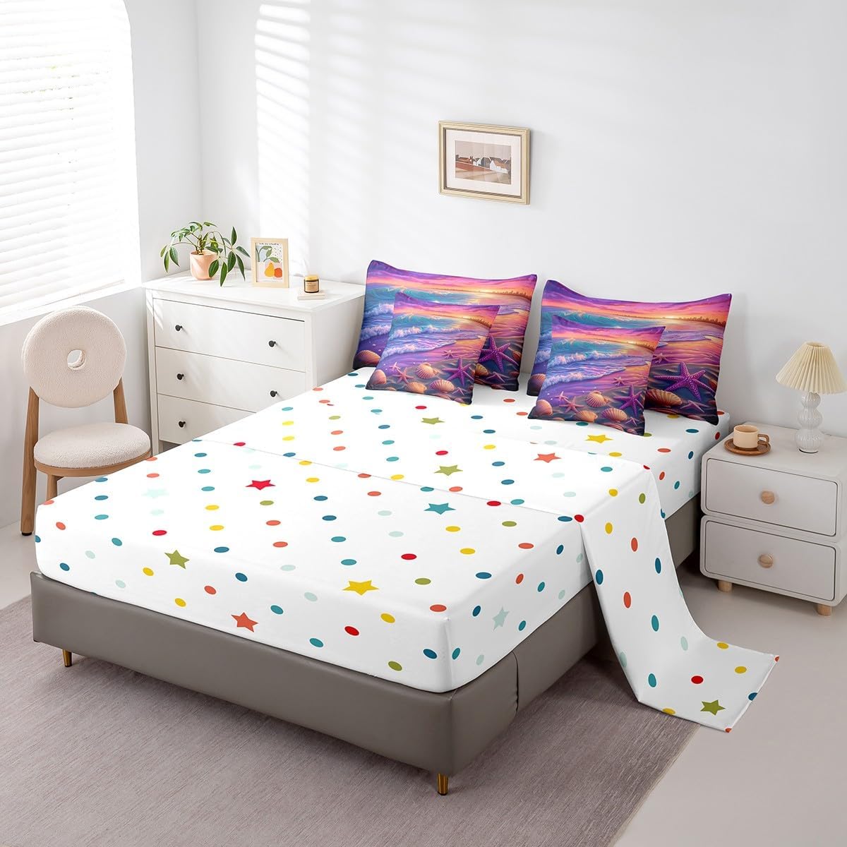 jejeloiu Beach Theme Comforter Set with Sheets Full Size 7 Pcs Kids Summer Ocean Wave Pattern Bedding Set for Boys Girls Starfish Seashell Hawaiian Coastal Sealife Sea Creatures Bed in a Bag